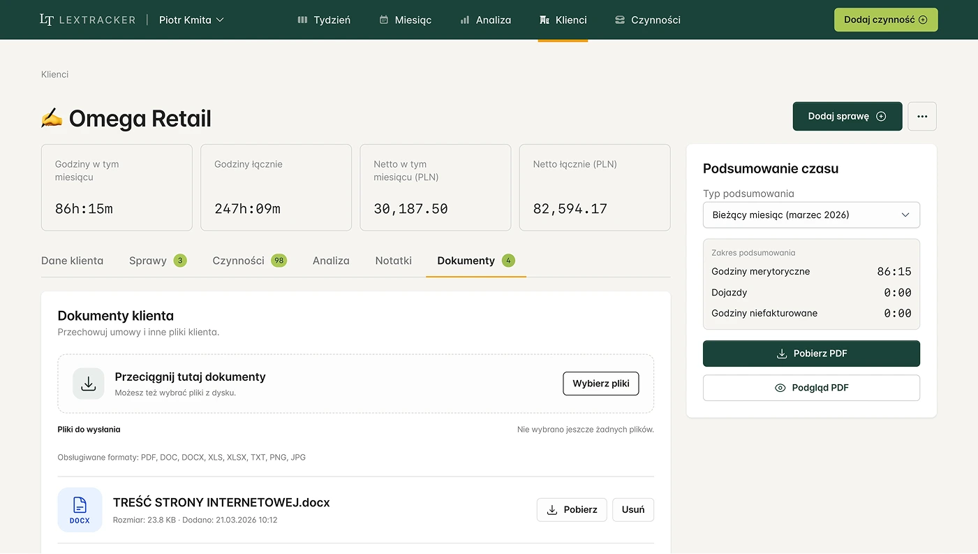 Client and document view in LexTracker